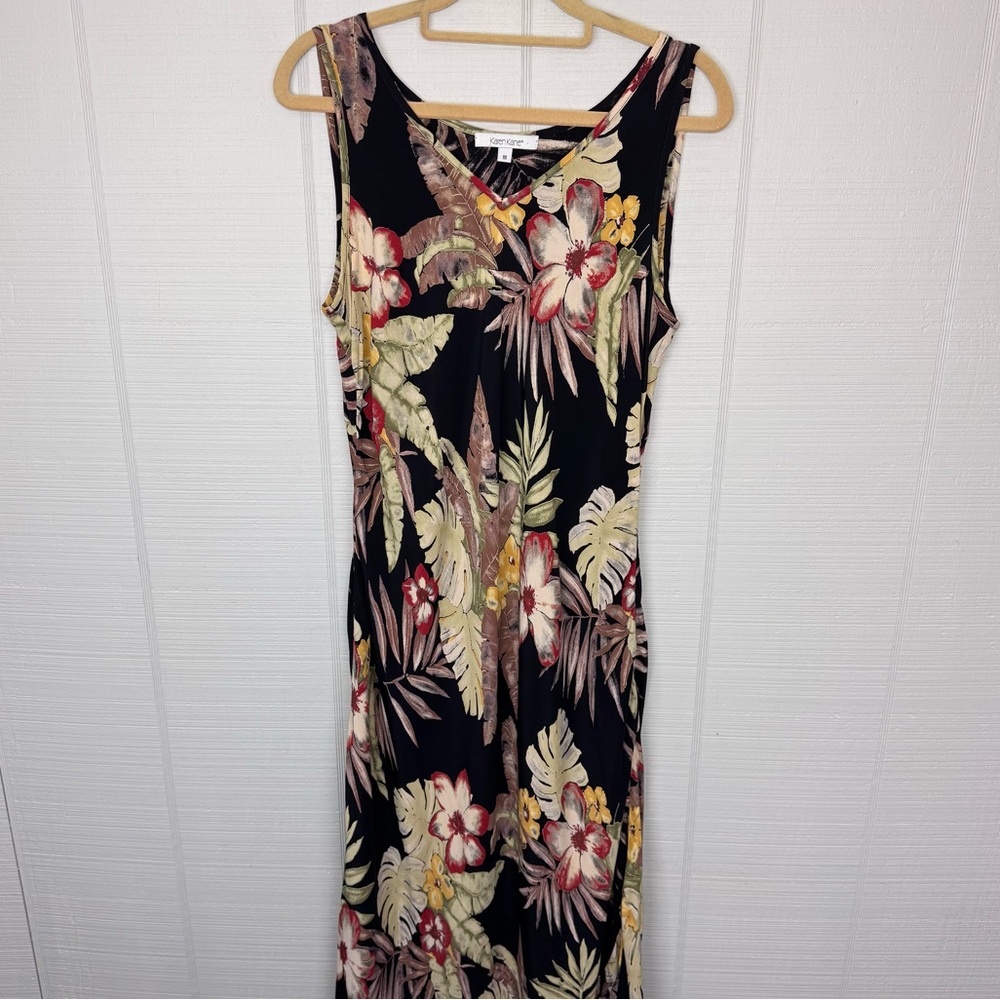Karen Kane Topical Maxi Dress Floral Palm Print V-neck Sleeveless